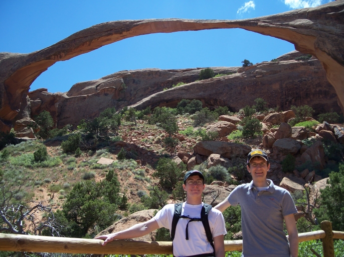 Mike and I with Landscape Arch in the background. In the 1990's a large chunk of the arch fell to the ground and at its thinnest, I think its only three feet wide.
 By: Neal Grosskopf
 At: 6:59:38 PM 6/5/2011