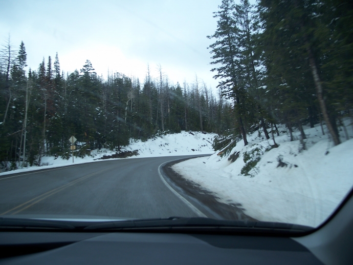 A picture of us driving in the Ashley National Forest. You can see that in the part of Utah, there is still snow in May. The temperature according to our car was in the 30's at this point. This was also the most difficult part of our drive with a lot of curves, hills and dropoffs.
 By: Neal Grosskopf
 At: 7:03:39 PM 6/5/2011