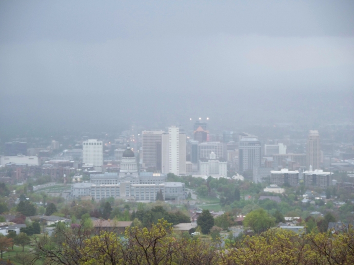 Downtown Salt Lake City from a hiking trail we walked up on our first day. It started raining as we walked up the hill but I was able to take this picture quick.
 By: Neal Grosskopf
 At: 7:09:08 PM 6/5/2011